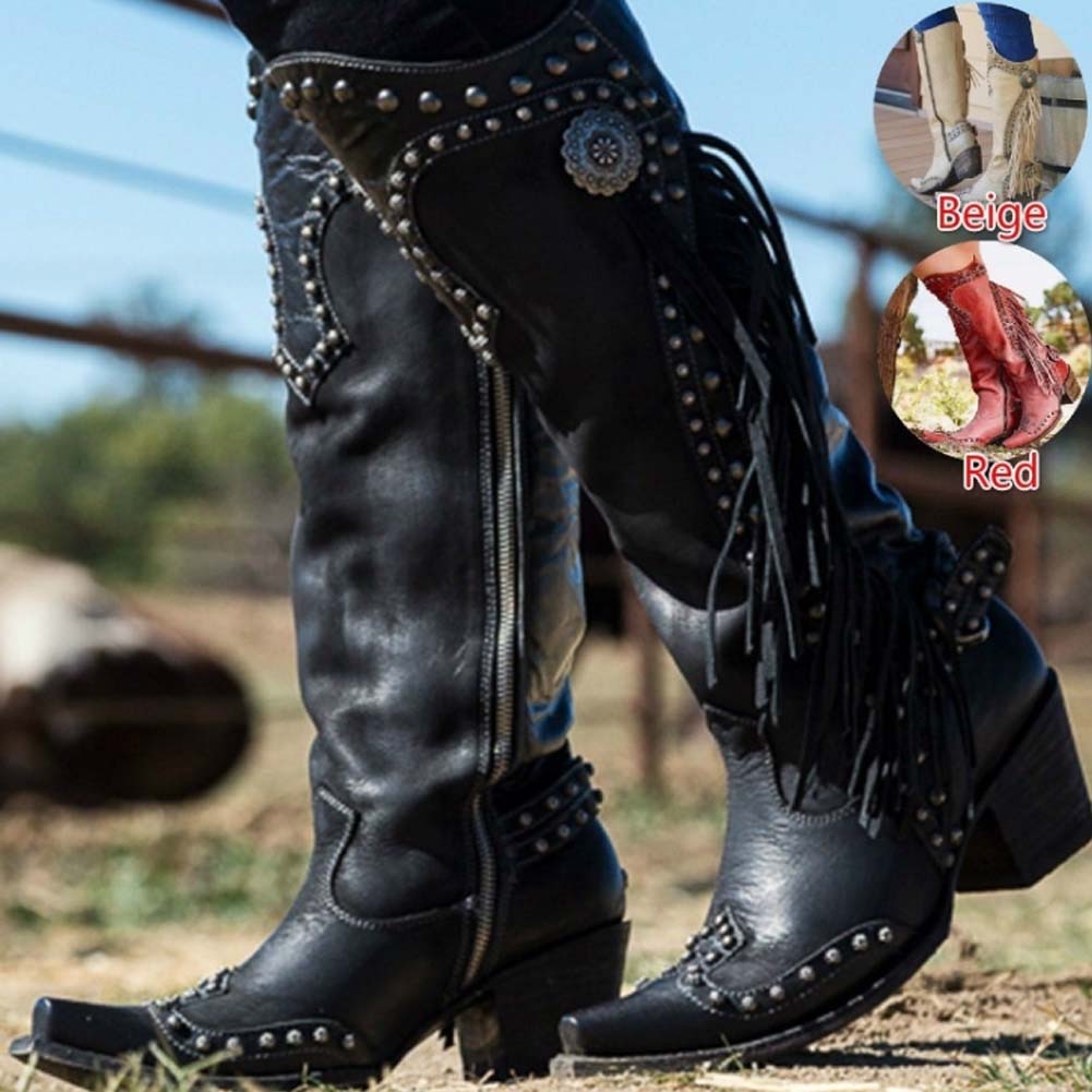 2022 New Fashion Autumn Ethnic Vintage Tassled Knight Boots Woman Shoes Riveting Nail Zip Popular Shoes Ladies Boots Female
