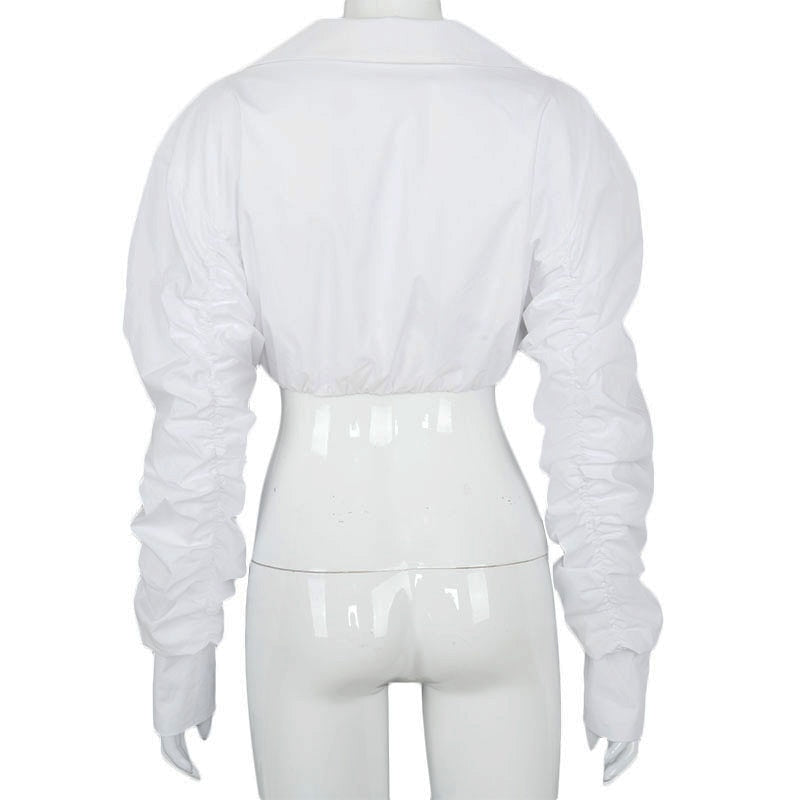 V Neck Rucehd White Puff Sleeve Shirts Women Long  Fashion Sping2020 Clothing Crop Blouses Solid Slim Hot