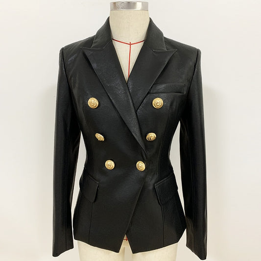 Newest Fall Winter 2022 Designer Blazer Jacket Women's Lion Metal Buttons Double Breasted Synthetic Leather Blazer Overcoat