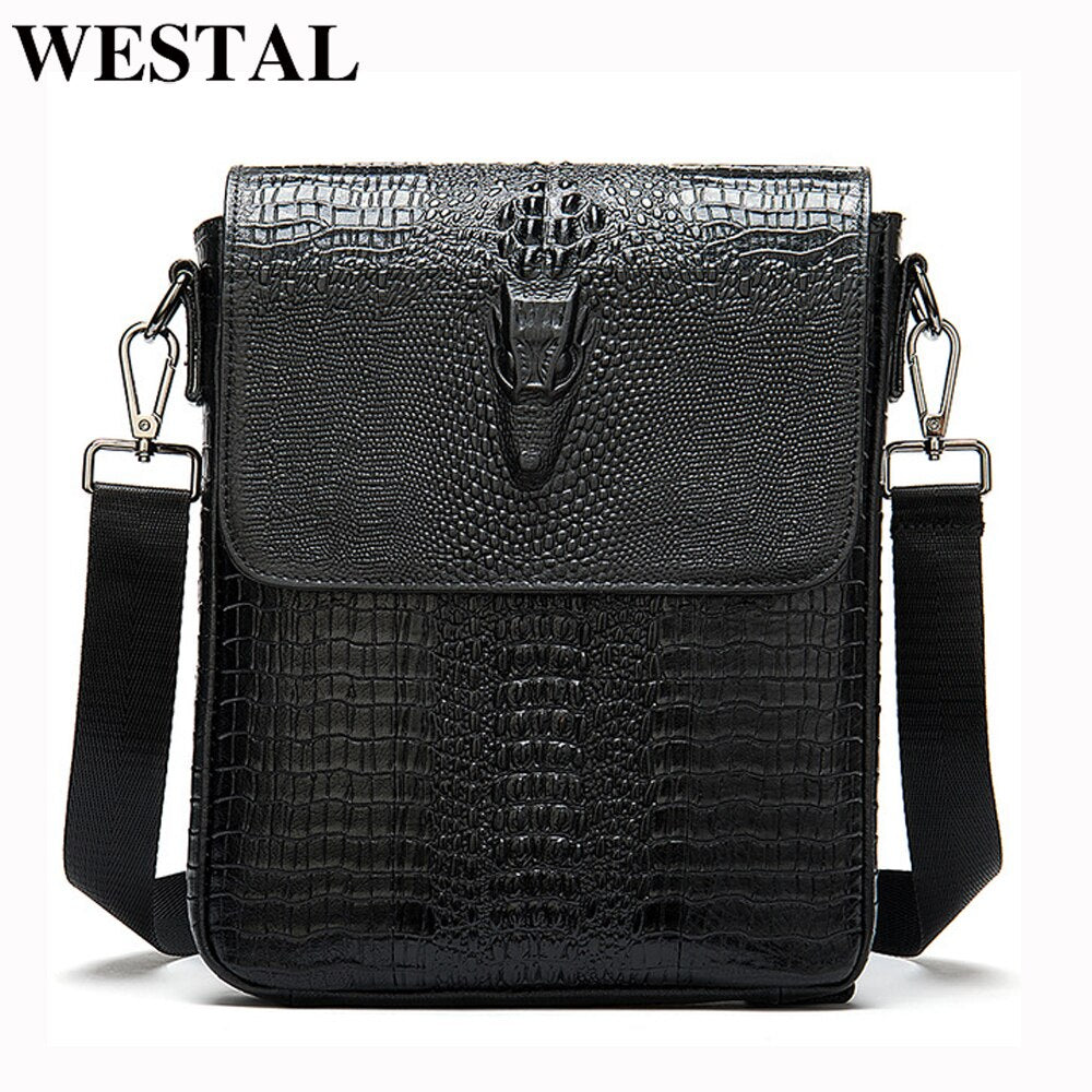 WESTAL Men's Shoulder Bag for Men Genuine Leather Crocodile Pattern Vintage Crossbody Bag for Men Flap Zipper Messenger Bag 8857