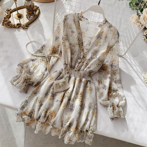 2019 new fashion women&#39;s French dress female temperament V-neck long-sleeved chiffon floral dresses