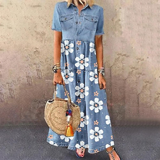 4XL Summer Women Dress Single-breasted Patchwork Short Sleeve Pockets Floral Print Maxi Dress Loose Dresses Robe Femme Vestidos