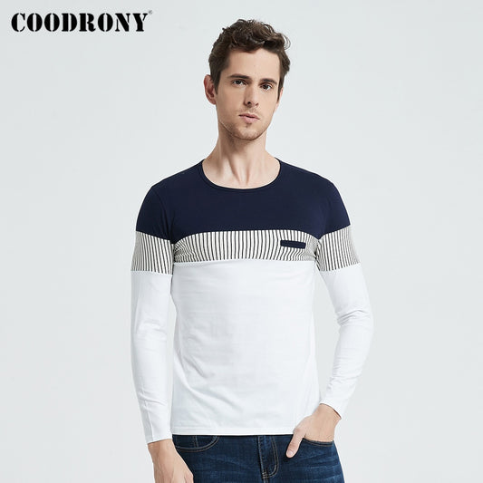 COODRONY T-Shirt Men 2020 Spring Autumn New Long Sleeve O-Neck T Shirt Brand Clothes Fashion Patchwork Pure Cotton Tee Tops 7622