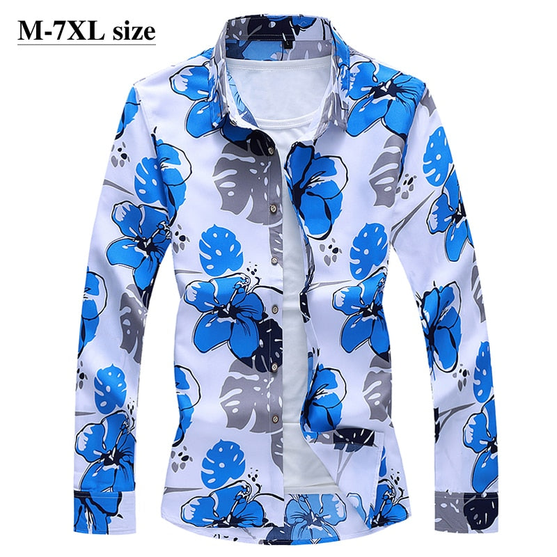 Plus Size 5XL 6XL 7XL Men&#39;s Long Sleeve Shirt 2021 Autumn New Fashion Print Floral Male Slim Fit Business Casual Shirts