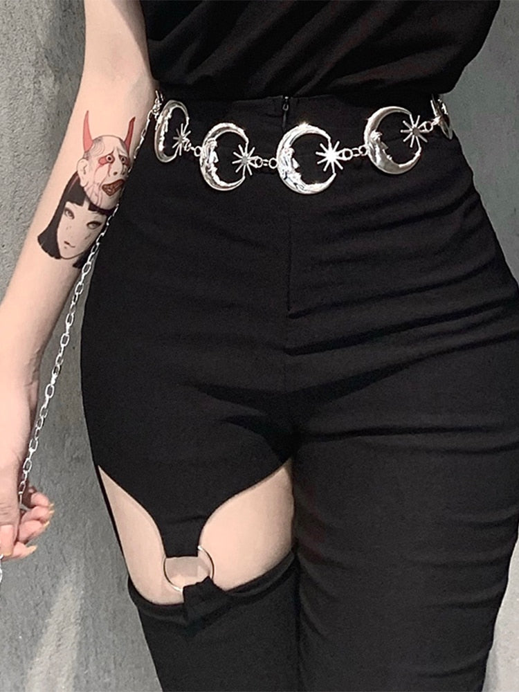 InsGoth Harajuku Punk Moon Metal Belts Women Vintage High Waist Chain Gothic Sun Sliver Pendant Belts Aesthetic Female Partywear