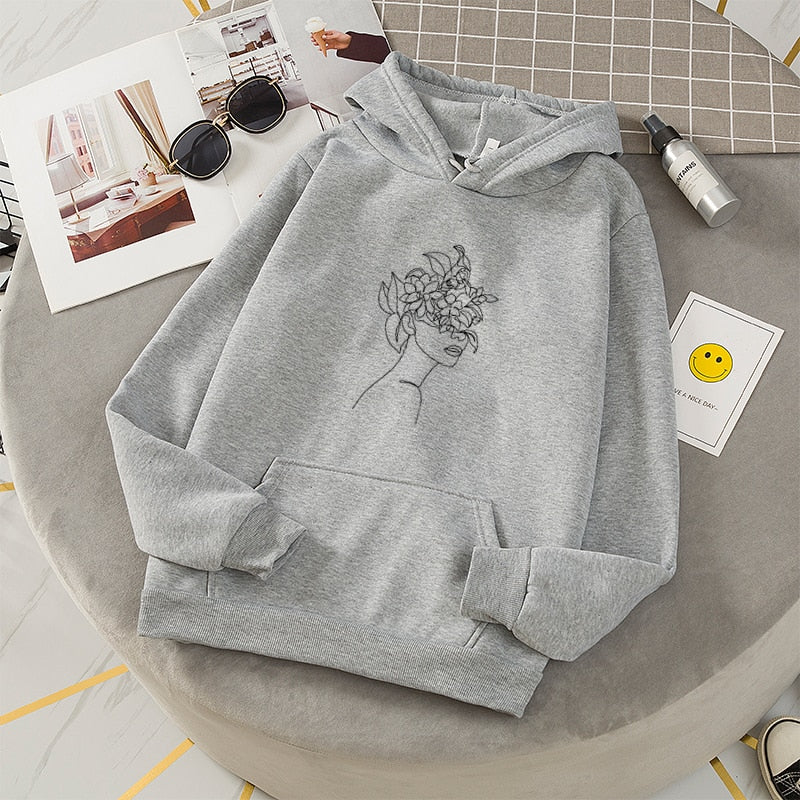 Funny Line Art Printed Oversized Hoodies Women Aesthetic Tumblr Vintage Hoodie Winter Womens Sweatshirt Casual Streetwear