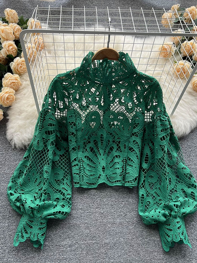 Sexy Lace Hollow Out Short Blouse Casual Lantern Long Sleeve Stand Collar Shirts Female Elegant Red/Pink/White Loose Tops 2020