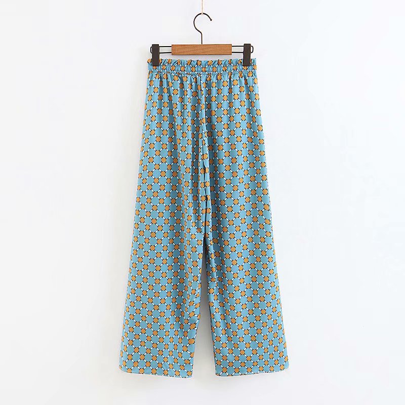 Women&#39;s Suits Sunc Spring LOOSE Blue Printed Kimono Jacket with Feather Sleeves Wide Leg Pants Two-piece Viintage Clothing Suits