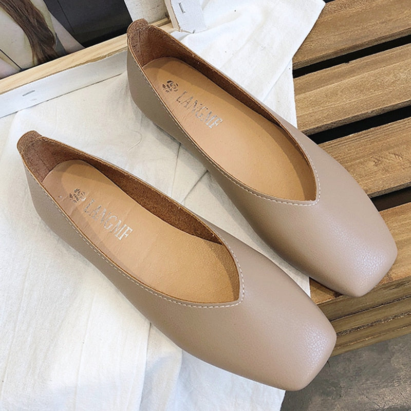 Fashion Women Flat Shoe  Elegant Shallow Low-heeled Sandals 2021 Beige Korean Slippers Square Toe Slip-on Simple Woman Shoes