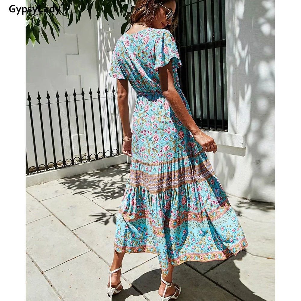 GypsyLady Floral Printed Maxi Dress Vintage Boho Summer Holiday Women Dresses Casual Chic Tie Lace Up Ladies Beach Female Dress