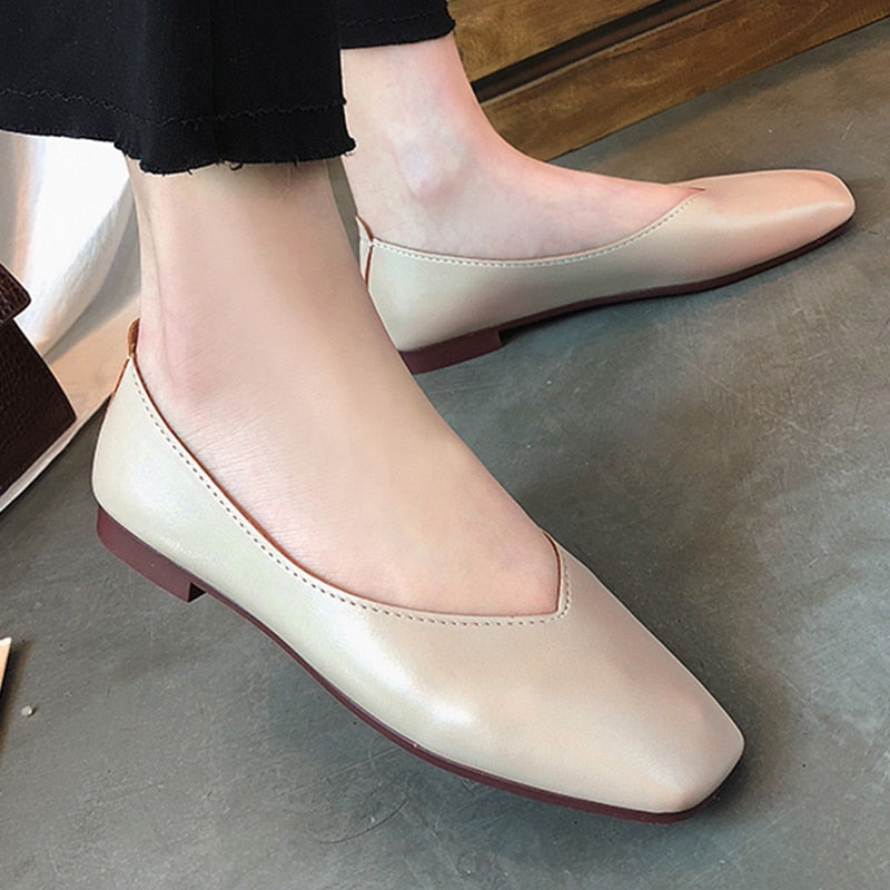 Fashion Women Flat Shoe  Elegant Shallow Low-heeled Sandals 2021 Beige Korean Slippers Square Toe Slip-on Simple Woman Shoes