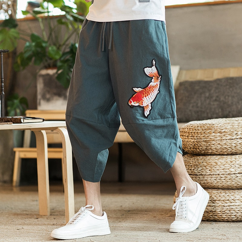 Brand loose cropped pants Japanese and Korean style 2022 summer new fashion squid embroidery men's large size harem pants