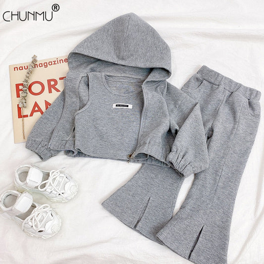 Autumn Girls Baby Fashion Clothing Sets Kids Sports Suits Split Flared Pants Hooded Jacket 3Pcs Outfits Winter Princess Knitwear