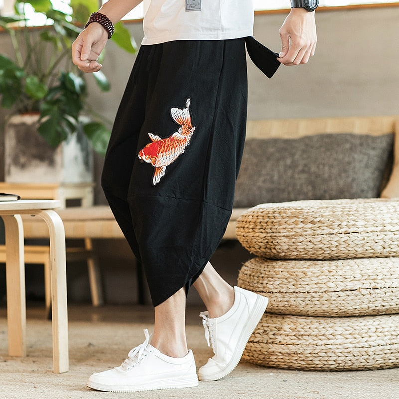 Brand loose cropped pants Japanese and Korean style 2022 summer new fashion squid embroidery men's large size harem pants