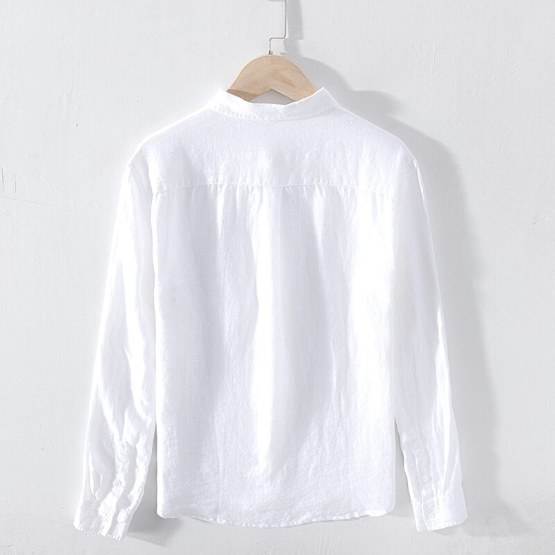 Pure Linen Shirts for Men Long Sleeve Casual Turn-down Collar Basic Classic Tops Male Fashion Solid Color Retro Clothing 2022