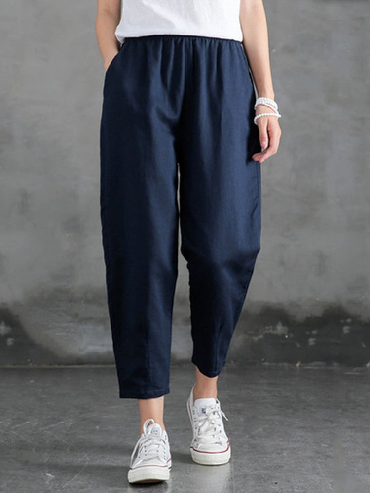 Cotton Linen Pants Women Spring Summer Large Size Solid Color Harem Pants Elastic Waist Loose Casual Woman&#39;s Linen Trousers