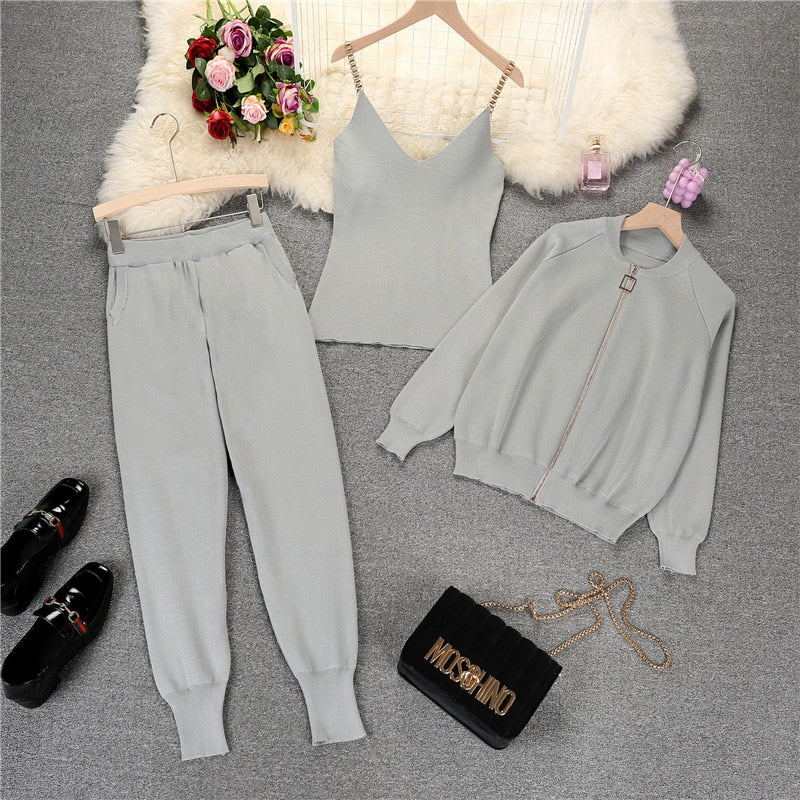 mozuleva  Women 2022 Autumn Winter Knitted  Vest Zipper Cardigans Pants 3pcs Sets Tracksuits Outfits