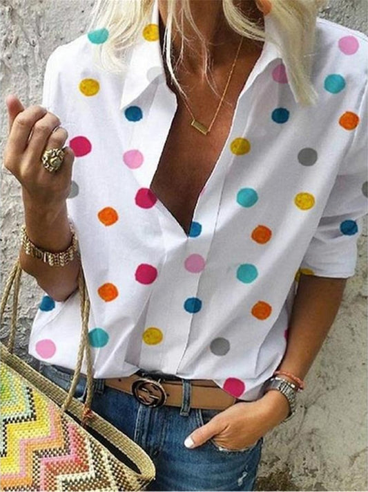 2022 New Polka Dot Blouse Women Turn Down Collar Long Sleeve Shirts Plus Size Clothes Streetwear White Blouse Women Xxl