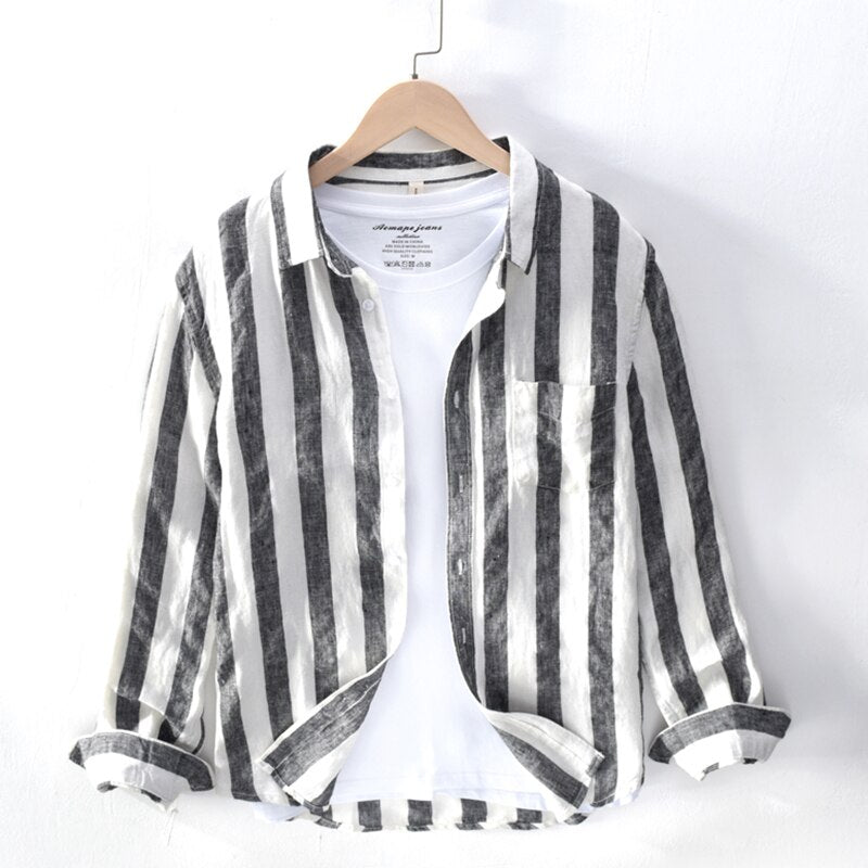 Pure Linen Shirts for Men Long Sleeve Casual Turn-down Collar Basic Classic Tops Male Fashion Solid Color Retro Clothing 2022