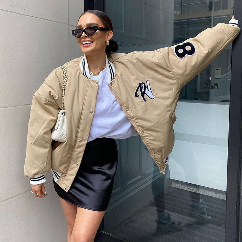 Y2k Green Print Fashion Baseball Bomber Coat 2022 Autumn Winter Oversized Patchwork Jacket Varsity Women Casual White