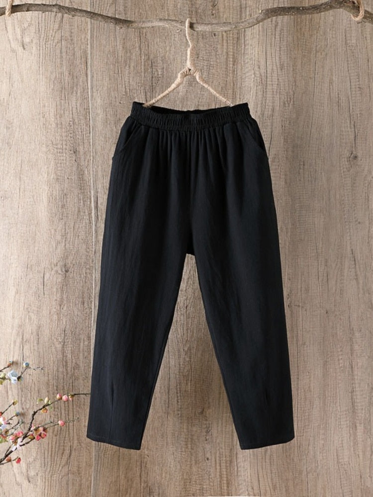 Cotton Linen Pants Women Spring Summer Large Size Solid Color Harem Pants Elastic Waist Loose Casual Woman&#39;s Linen Trousers