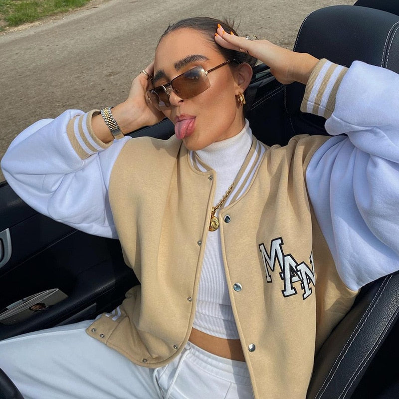 Y2k Green Print Fashion Baseball Bomber Coat 2022 Autumn Winter Oversized Patchwork Jacket Varsity Women Casual White