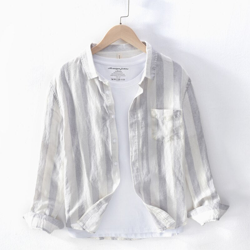 Pure Linen Shirts for Men Long Sleeve Casual Turn-down Collar Basic Classic Tops Male Fashion Solid Color Retro Clothing 2022