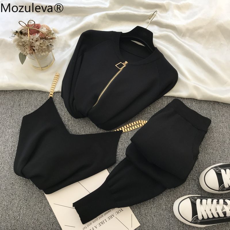 mozuleva  Women 2022 Autumn Winter Knitted  Vest Zipper Cardigans Pants 3pcs Sets Tracksuits Outfits