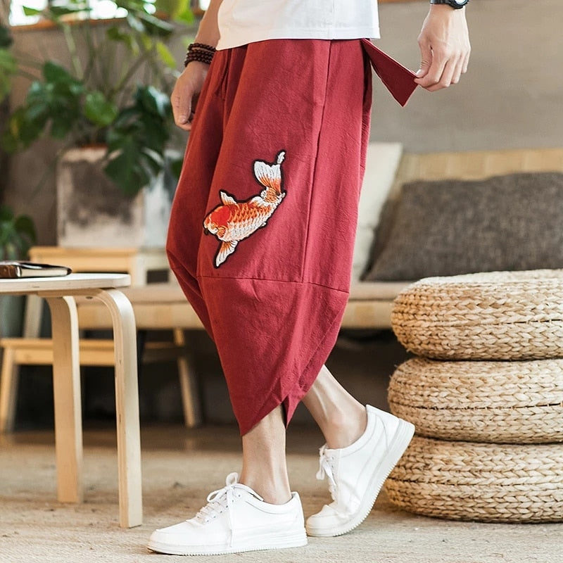 Brand loose cropped pants Japanese and Korean style 2022 summer new fashion squid embroidery men's large size harem pants