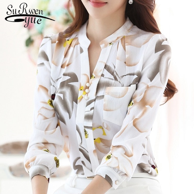 Fashion Women Tops Ladies Top V-Neck Slim Chiffon Blouse Women's Clothing 2022 Office Work Wear Women Shirt Plus Size Blusa 882G