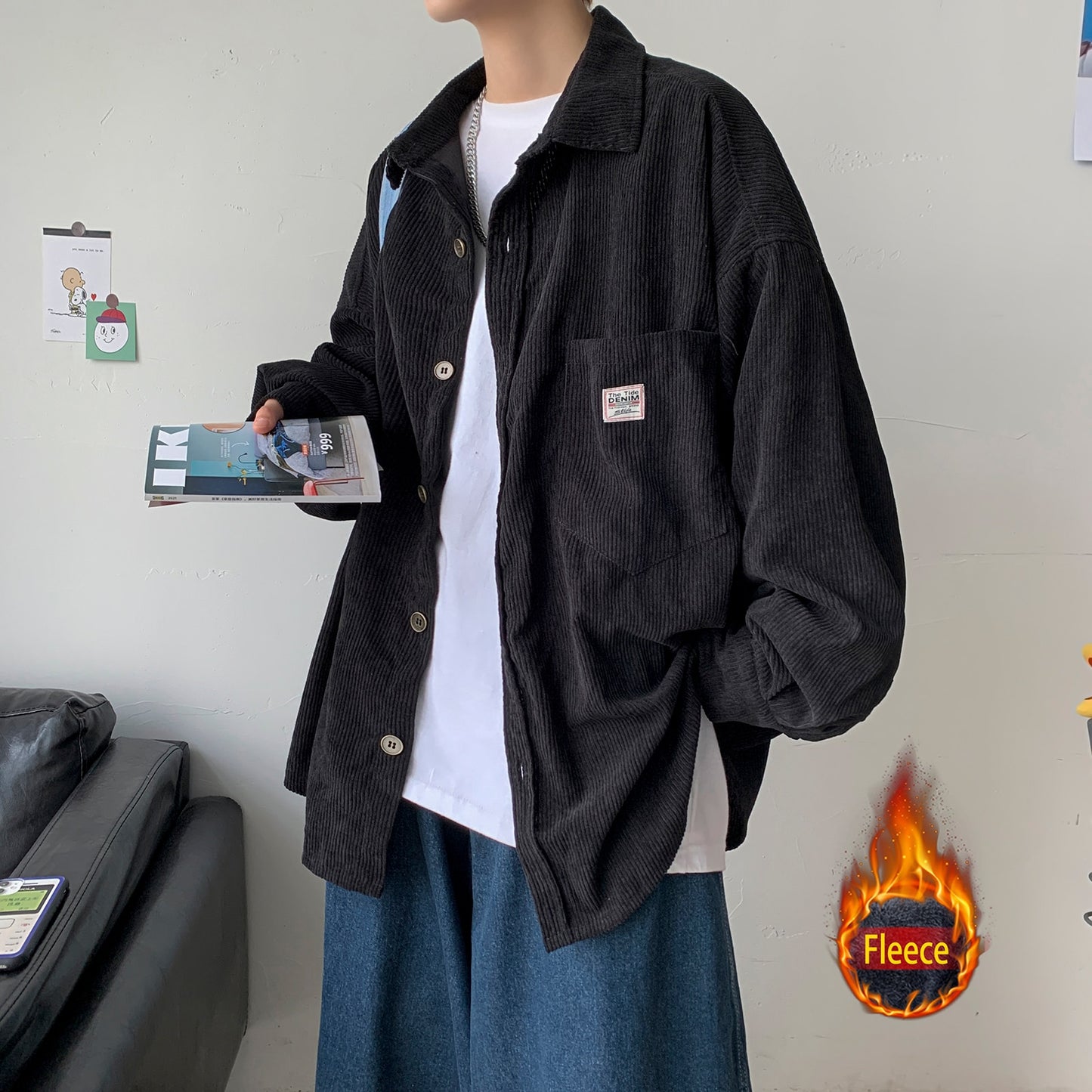 Privathinker Men's Corduroy Long Sleeve Shirts Autumn Korean Shirt Unisex Fashion Casual Oversize Shirt Printed Clothing