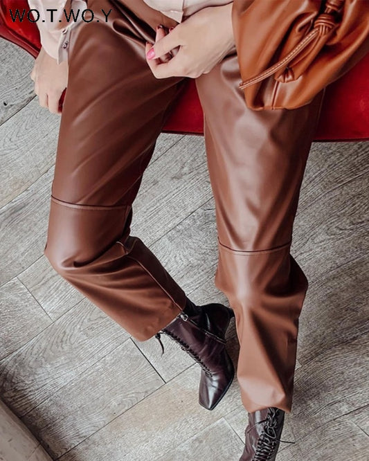 WOTWOY Elastic High Waist Fleece Straight Leather Pants Women Loose Patchwork Faux Leather Trouser Women Pockets Mujer Pantalone