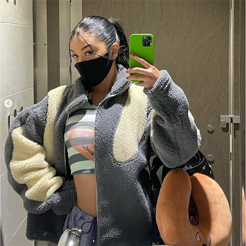 Y2k Green Print Fashion Baseball Bomber Coat 2022 Autumn Winter Oversized Patchwork Jacket Varsity Women Casual White