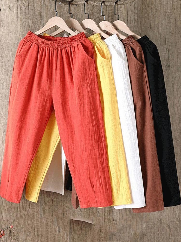 Cotton Linen Pants Women Spring Summer Large Size Solid Color Harem Pants Elastic Waist Loose Casual Woman&#39;s Linen Trousers