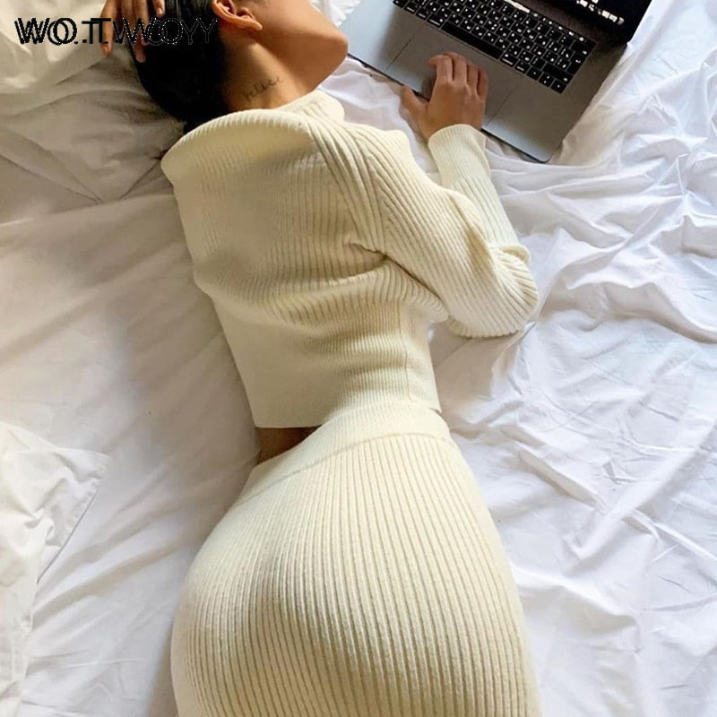 WOTWOY Knitting Cashmere Pullover and Skirt Two Piece Set Women Slim Fit Cropped Tops Women Autumn Elegant Sweater Outfits Women