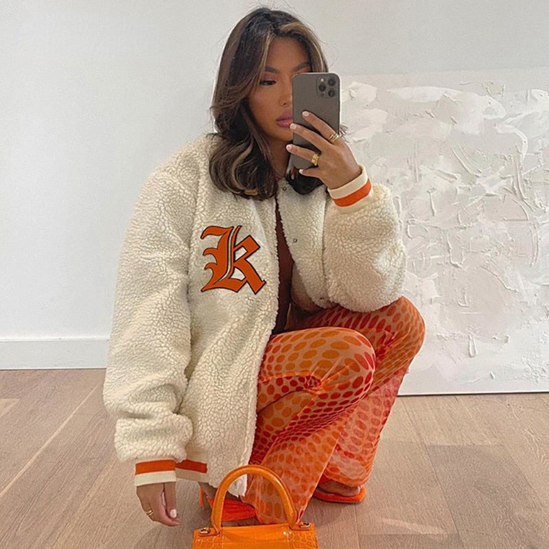 Y2k Green Print Fashion Baseball Bomber Coat 2022 Autumn Winter Oversized Patchwork Jacket Varsity Women Casual White