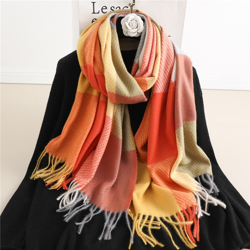 Luxury Plaid Scarf Winter Warm Cashmere Women Long Pashmina Foulard Female Scarves Lady Tassel Shawl Wraps 2022 Design New