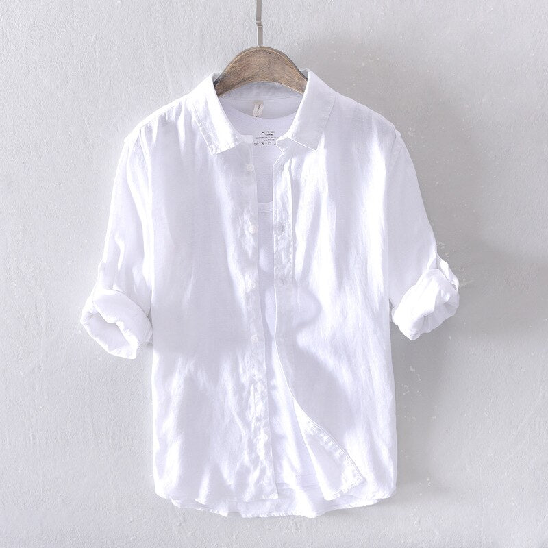 Pure Linen Shirts for Men Long Sleeve Casual Turn-down Collar Basic Classic Tops Male Fashion Solid Color Retro Clothing 2022