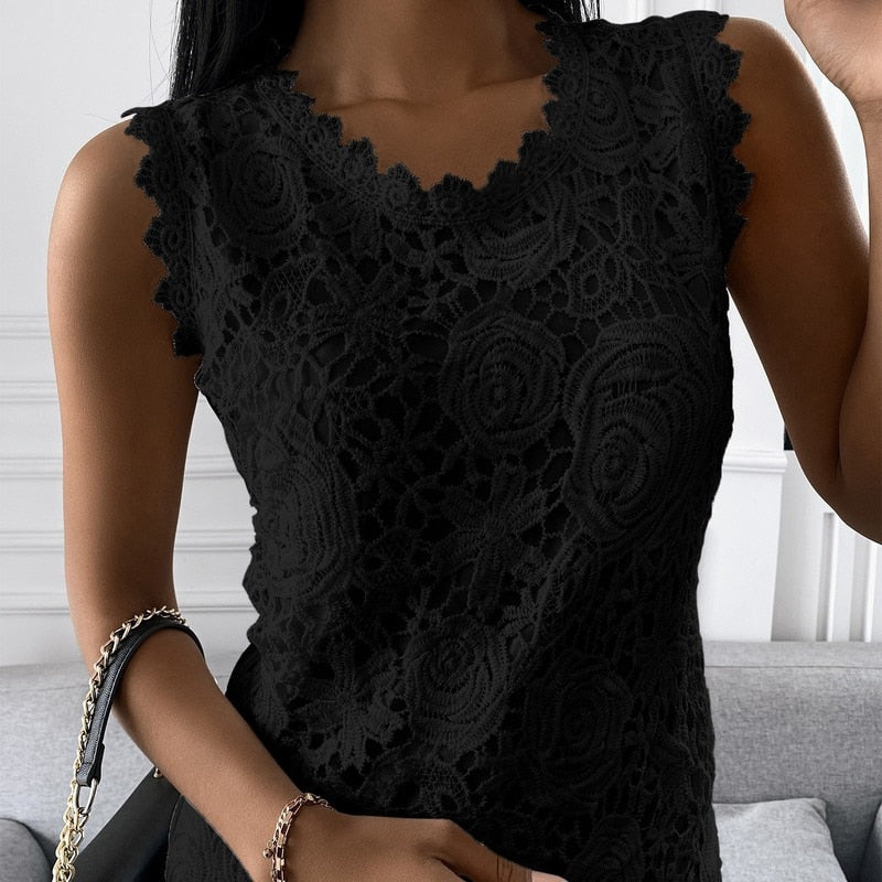 Summer Fashion Lady's Lace Jacquard Sleeveless Casual Women Vintage T-Shirt Loose 5XL Floral Vest Camisole Halter Top 19312