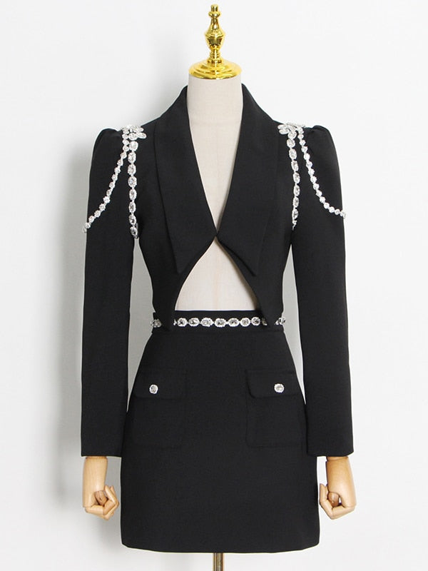 TWOTWINSTYLE Patchwork Diamonds Two Piece Set For Women Puff Sleeves Crop Top Blazer High Waist Skirts Female 2021 Summer New