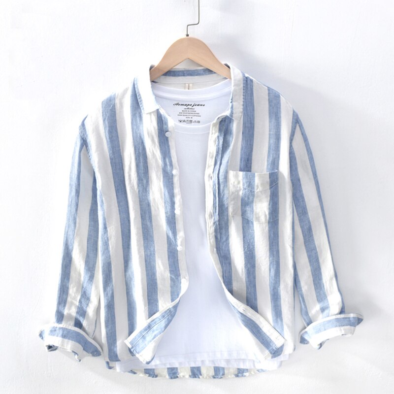 Pure Linen Shirts for Men Long Sleeve Casual Turn-down Collar Basic Classic Tops Male Fashion Solid Color Retro Clothing 2022