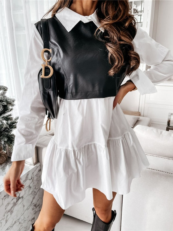 Nadafair Plaid Women's Dress Casual 2021 A-Line PU Leather Patchwork Long Sleeve Vestidos Party Elegant Short Mini Dress Women