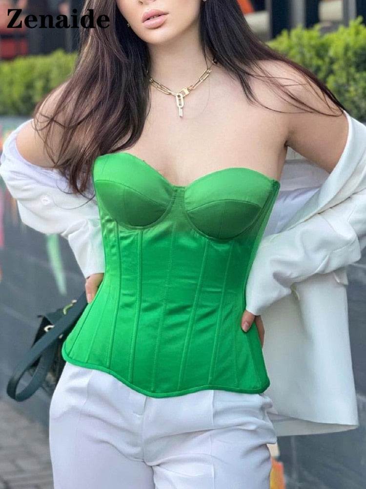 Zenaide Sexy Satin Corset Top Bare Shoulder Summer Women Tube Club Outfits Backless Off Shoulder Crop Top