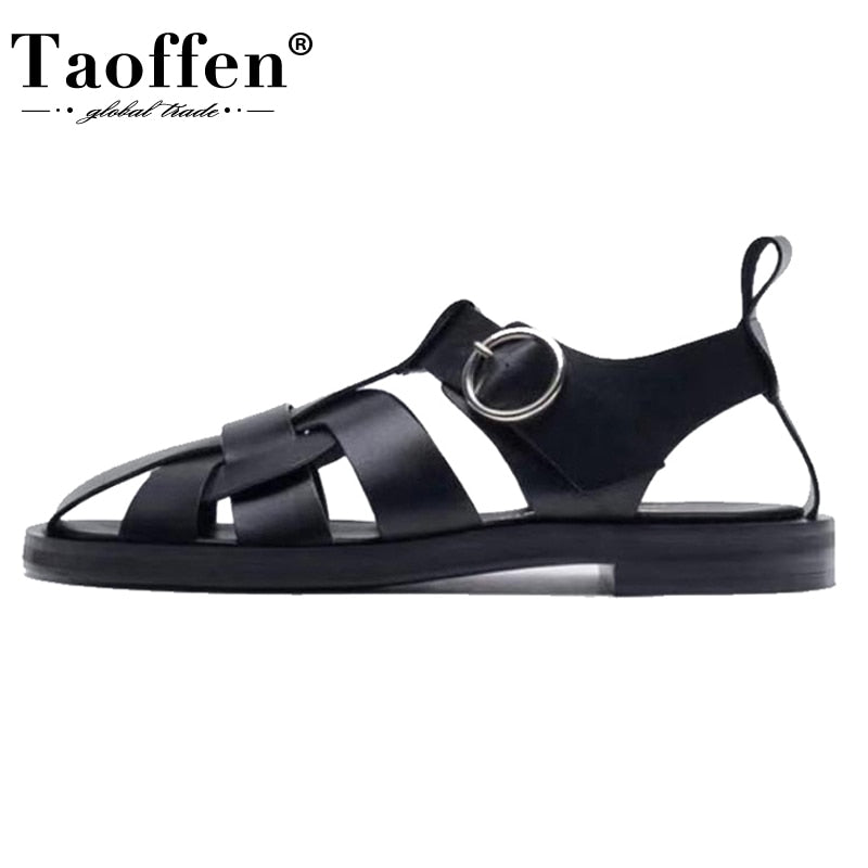 TAOFFEN 2022 New Women Real Leather Shoes Summer Sandals Buckle Strap Hollow Out Beach Sandals Cool Ladies Footwear Size 34-42