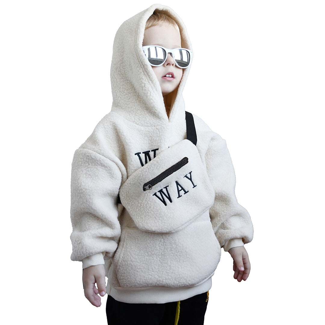 VFOCHI Boy Girl Sweatshirts with Bag Winter Wool Thick Children Hooded Long Sleeves Sweatshirt Unisex Warm Boy Girls Sweatshirts