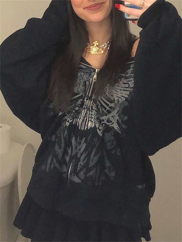 Butterfly Print Grunge Fairycore Hoodie Jackets Gothic Zip Up Loose Autumn Coats Retro Harajuku Cute Aesthetic Top Cuteandpsycho