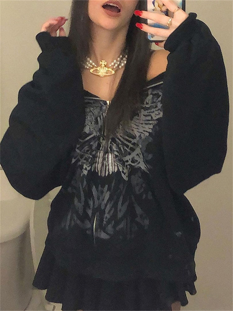 Butterfly Print Grunge Fairycore Hoodie Jackets Gothic Zip Up Loose Autumn Coats Retro Harajuku Cute Aesthetic Top Cuteandpsycho