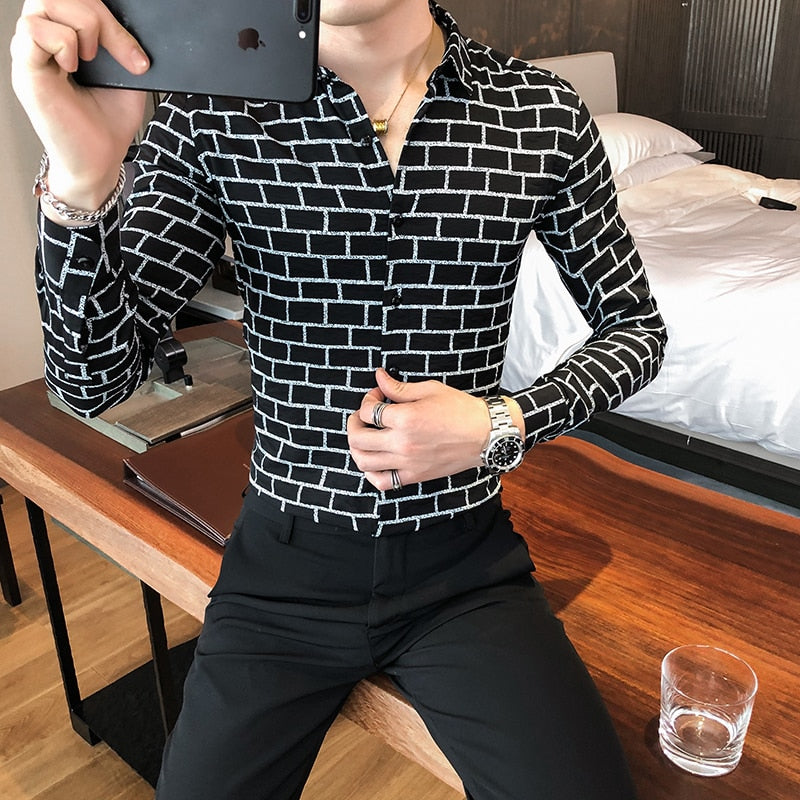 British Style Men Business Casual Shirts 2020 Camisa Masculina Long Sleeve Slim Fit Plaid Shirt Streetwear Social Party Blouse