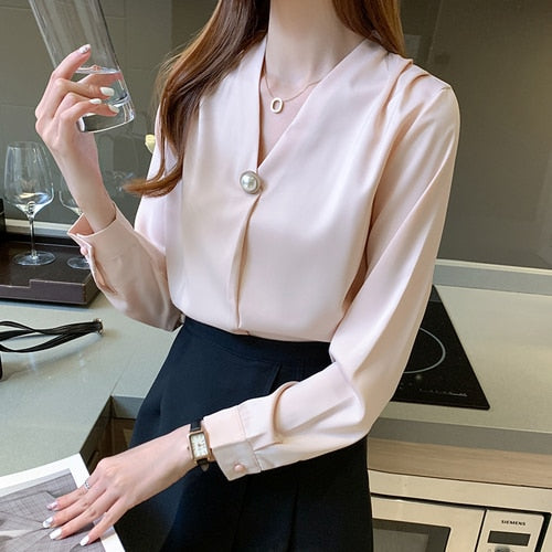 Long Sleeve V-Neck Office Lady Blouse Tops Women Blouse Women Blusas Mujer De Moda 2021 Chiffon Blouse Women Blouses Blusa E205