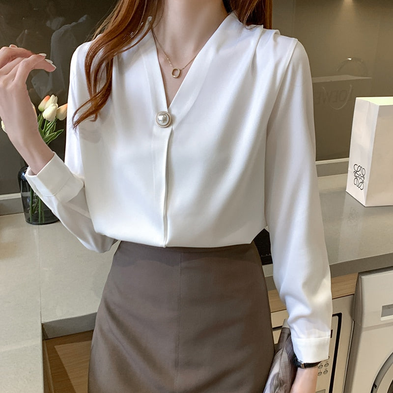 Long Sleeve V-Neck Office Lady Blouse Tops Women Blouse Women Blusas Mujer De Moda 2021 Chiffon Blouse Women Blouses Blusa E205
